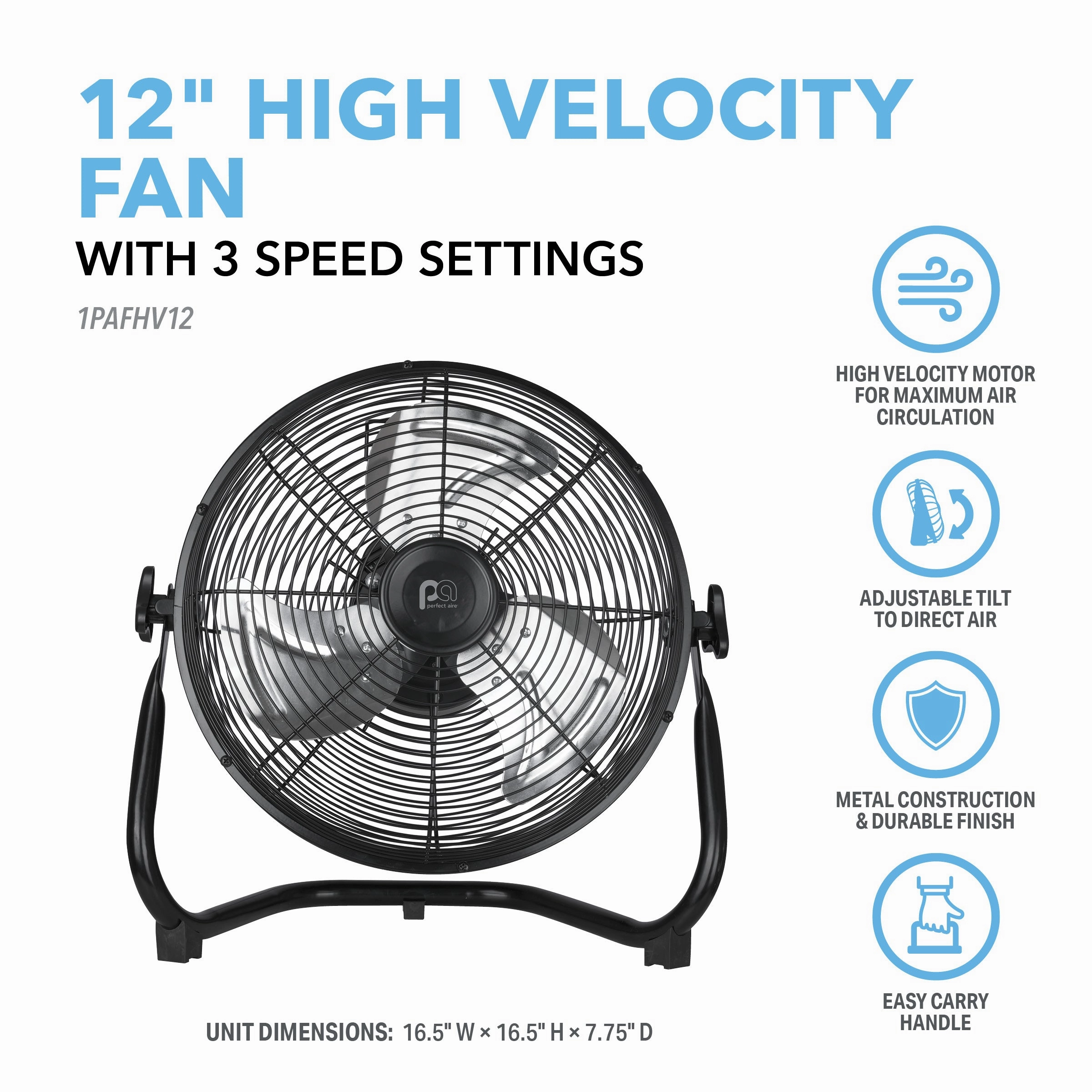 12 High Velocity Fan with Adjustable Tilting Head, 3 Speed Settings