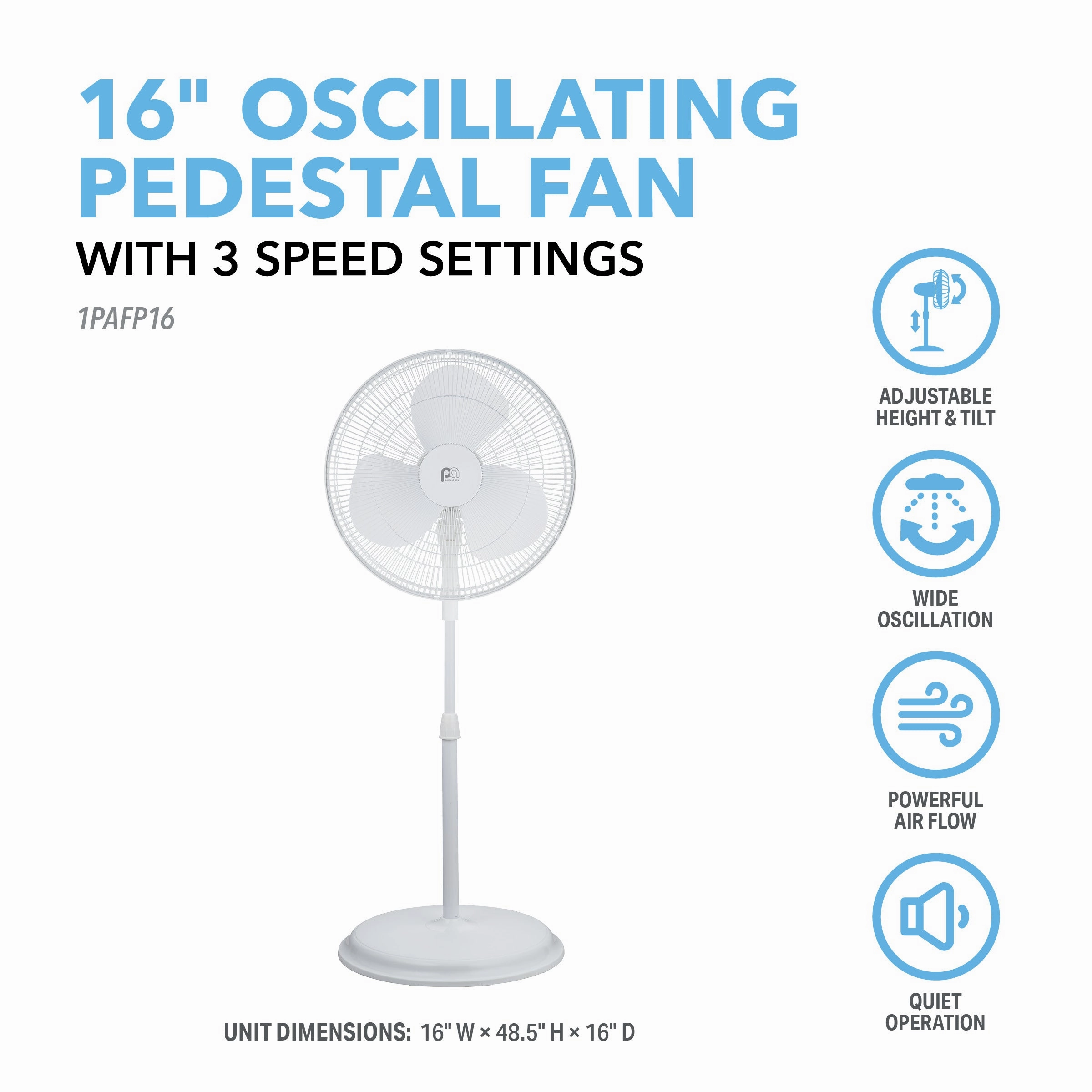 16" Pedestal Fan with Wide-Angle Oscillation and 3 Powerful Fan Speeds