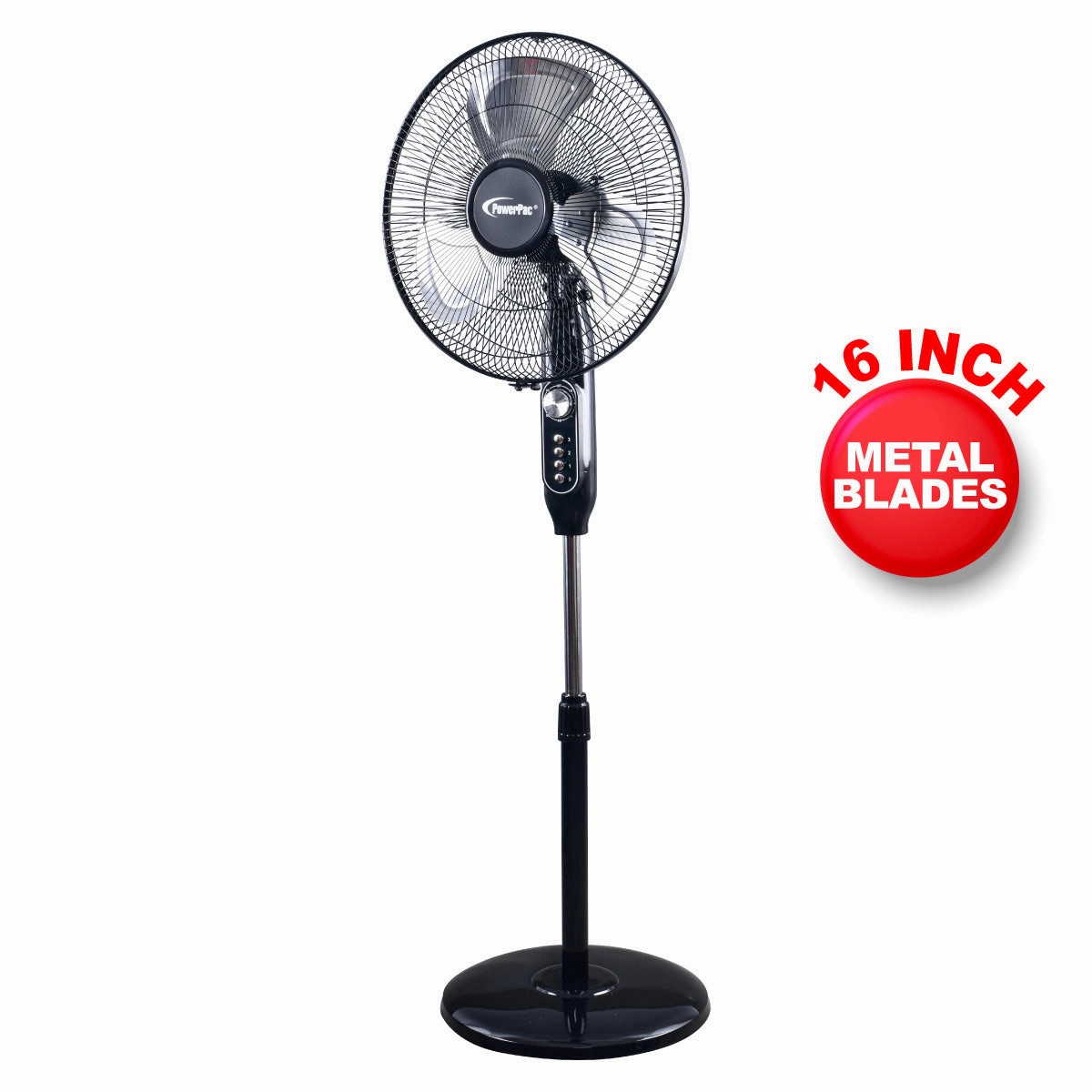 16" Stand Fan  Metal Blades, Adjustable Height, Oscillation, Timer, Powerful & Silent Fan, 3-Speed, black. PPFS616