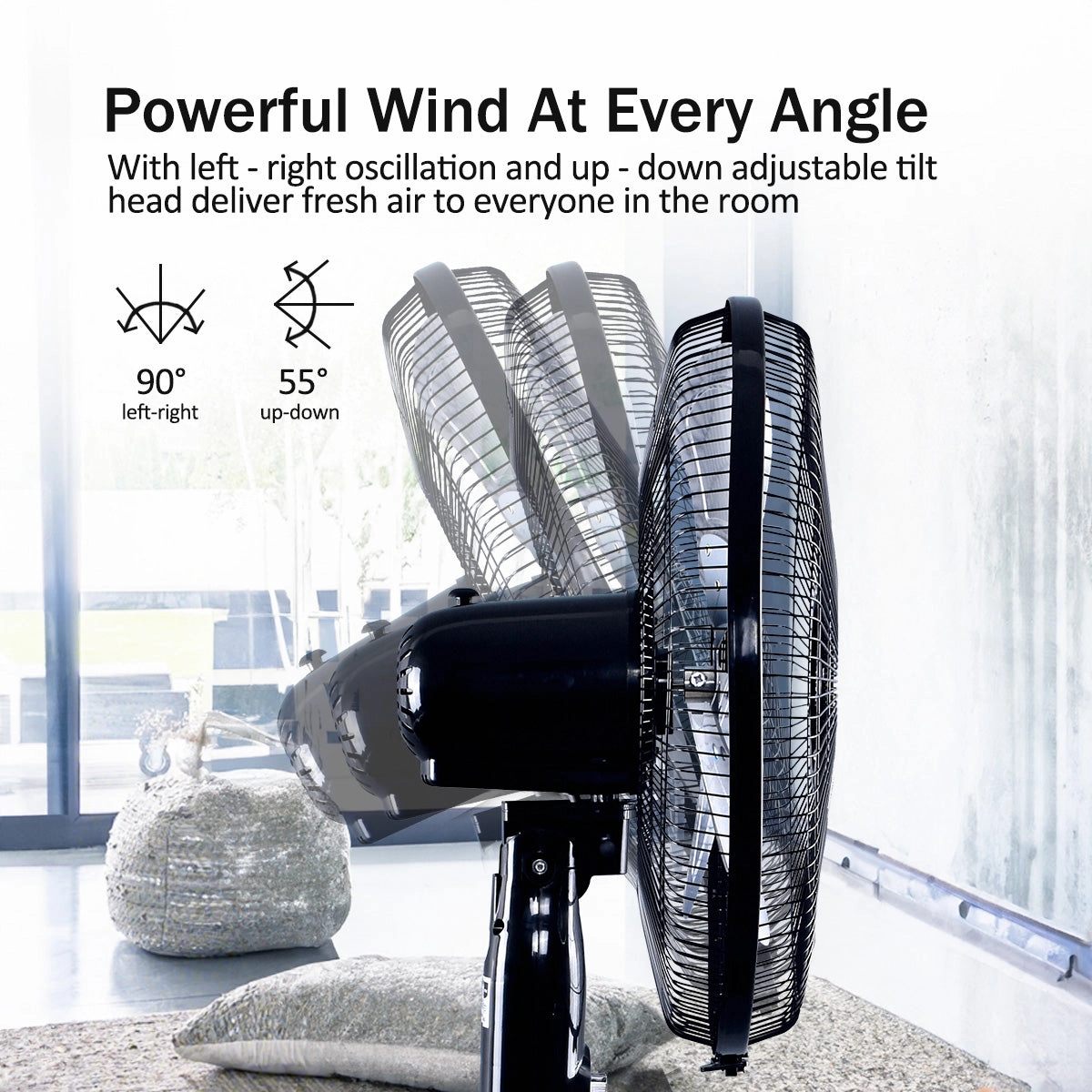 16" Stand Fan  Metal Blades, Adjustable Height, Oscillation, Timer, Powerful & Silent Fan, 3-Speed, black. PPFS616
