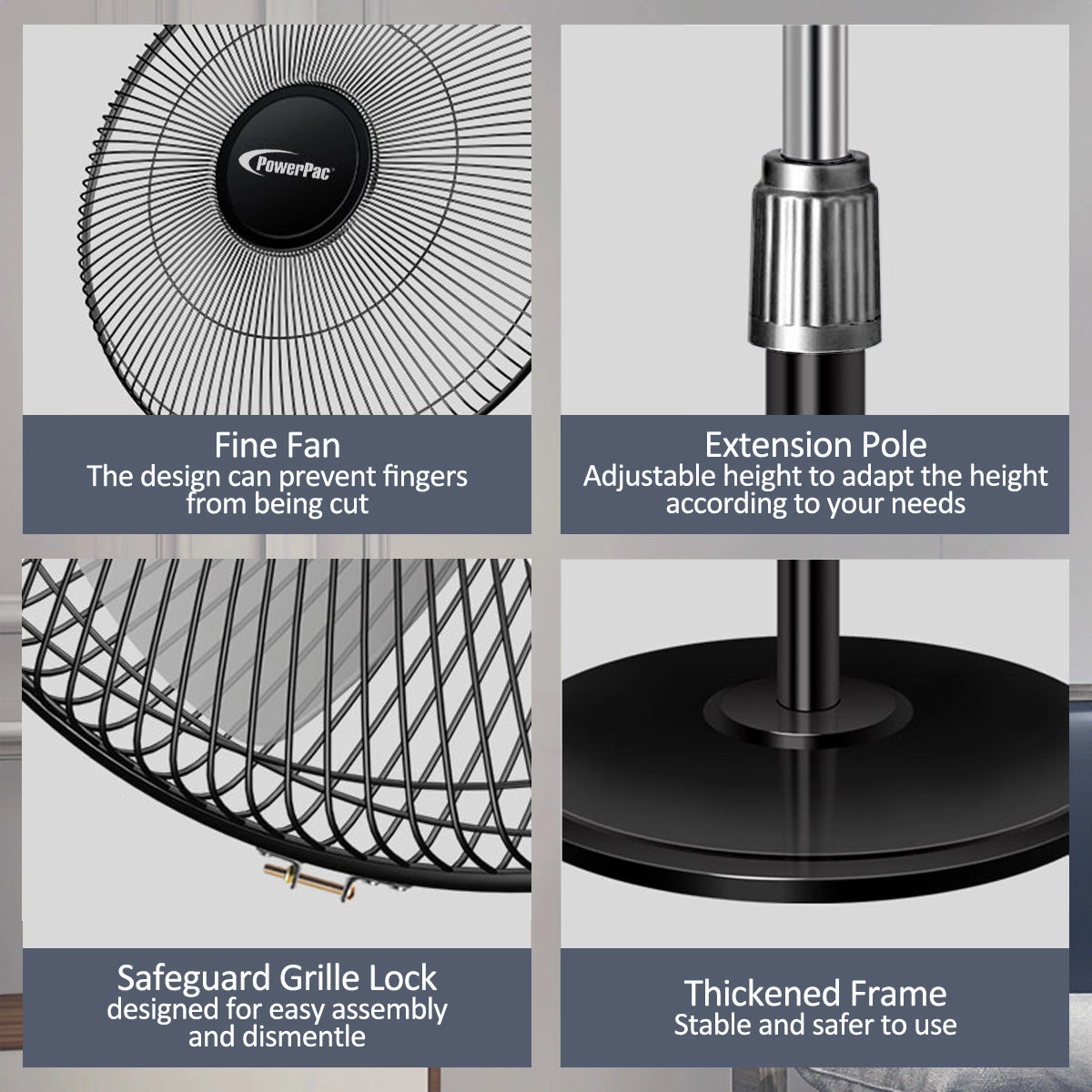 16" Stand Fan  Metal Blades, Adjustable Height, Oscillation, Timer, Powerful & Silent Fan, 3-Speed, black. PPFS616