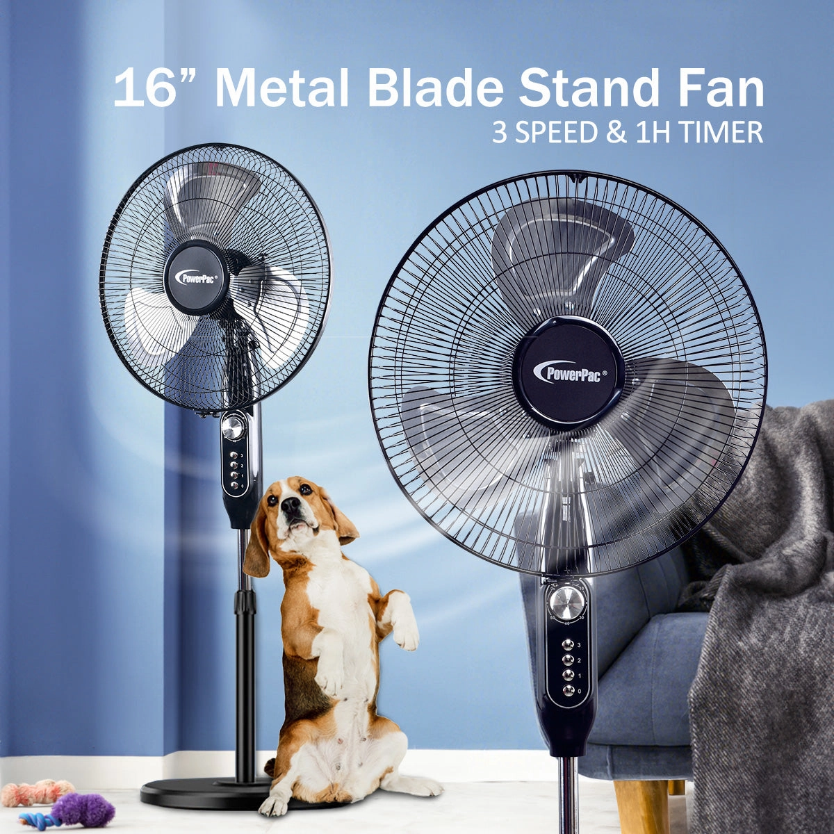 16" Stand Fan  Metal Blades, Adjustable Height, Oscillation, Timer, Powerful & Silent Fan, 3-Speed, black. PPFS616