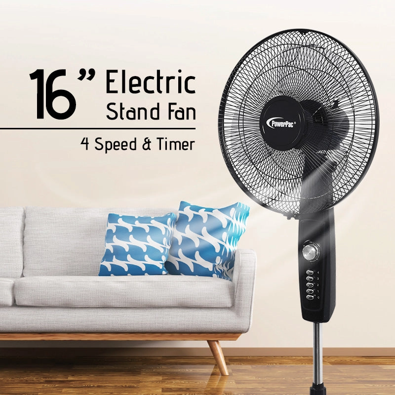 16" Stand Fan  Strong Airflow, Adjustable Height, Oscillation, Timer, Durable, Energy-efficient, 4-Speed, black, PPFS30