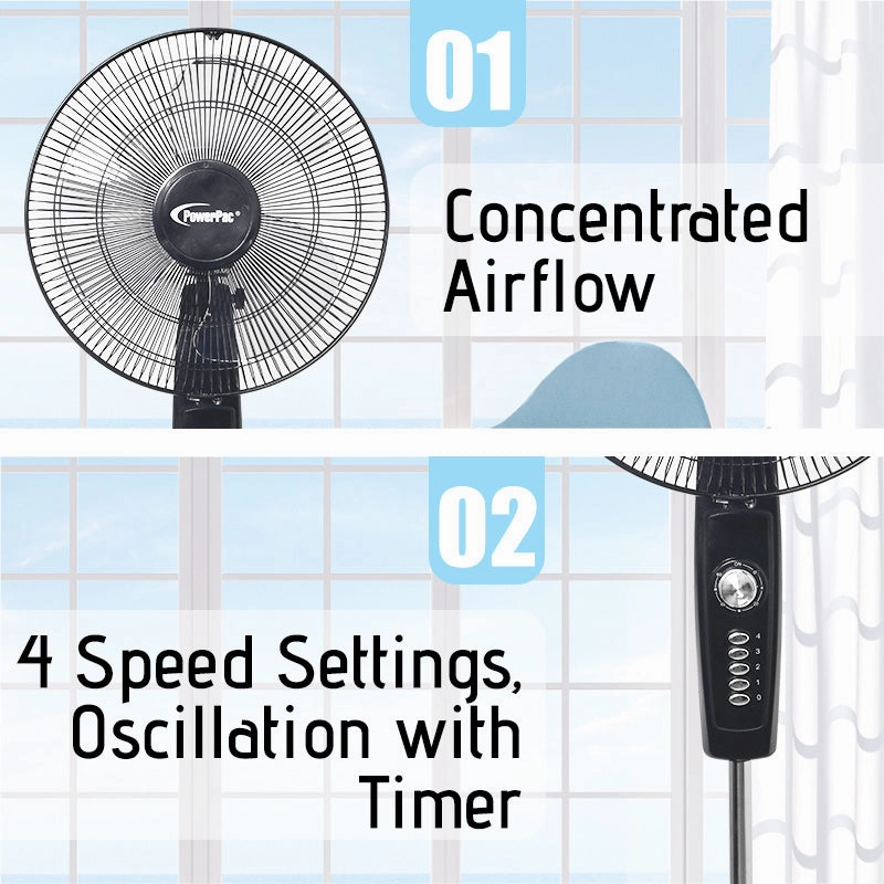 16" Stand Fan  Strong Airflow, Adjustable Height, Oscillation, Timer, Durable, Energy-efficient, 4-Speed, black, PPFS30