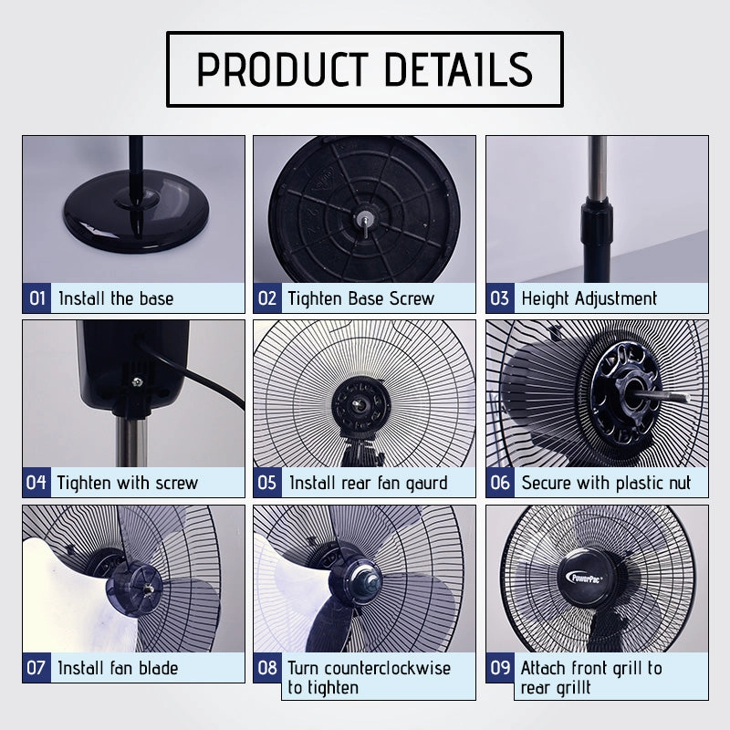 16" Stand Fan  Strong Airflow, Adjustable Height, Oscillation, Timer, Durable, Energy-efficient, 4-Speed, black, PPFS30