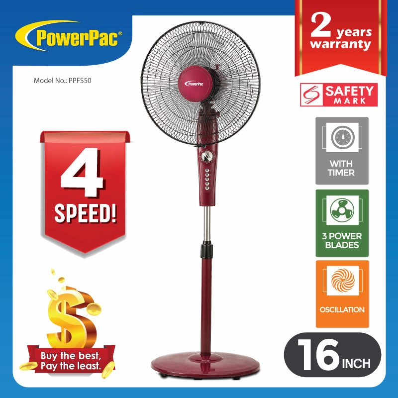 16" Stand Fan  Strong Airflow, Adjustable Height, Oscillation, Timer, Durable, Energy-saving, 4-Speed, red, PPFS50