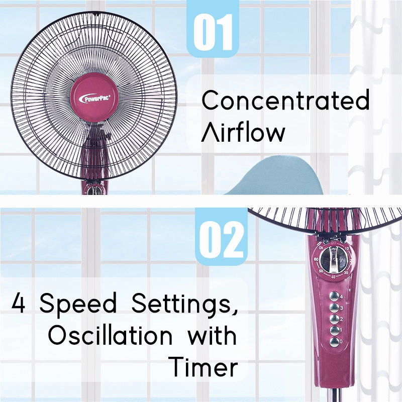 16" Stand Fan  Strong Airflow, Adjustable Height, Oscillation, Timer, Durable, Energy-saving, 4-Speed, red, PPFS50