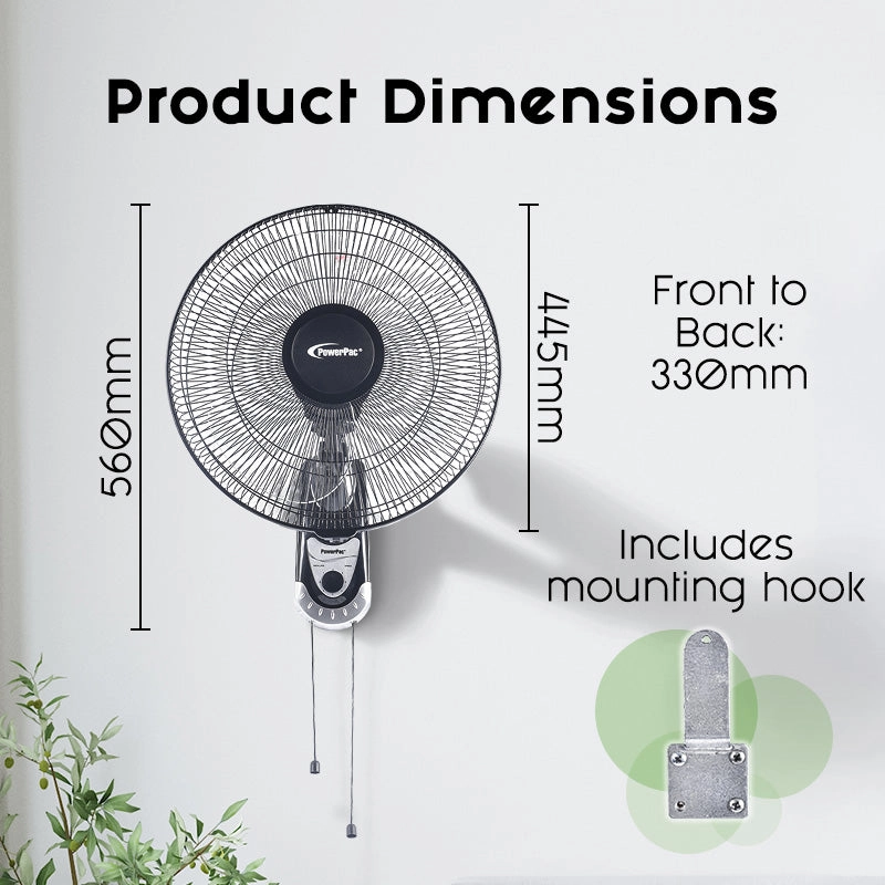 16" Wall Fan  Adjustable Tilt, Wide Oscillation, Safe & Easy Installation, Thermal Protection, 3-Speed, black, PPWF40