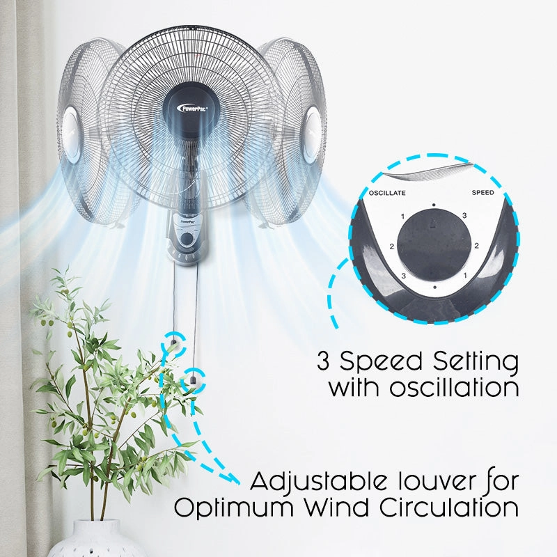 16" Wall Fan  Adjustable Tilt, Wide Oscillation, Safe & Easy Installation, Thermal Protection, 3-Speed, black, PPWF40