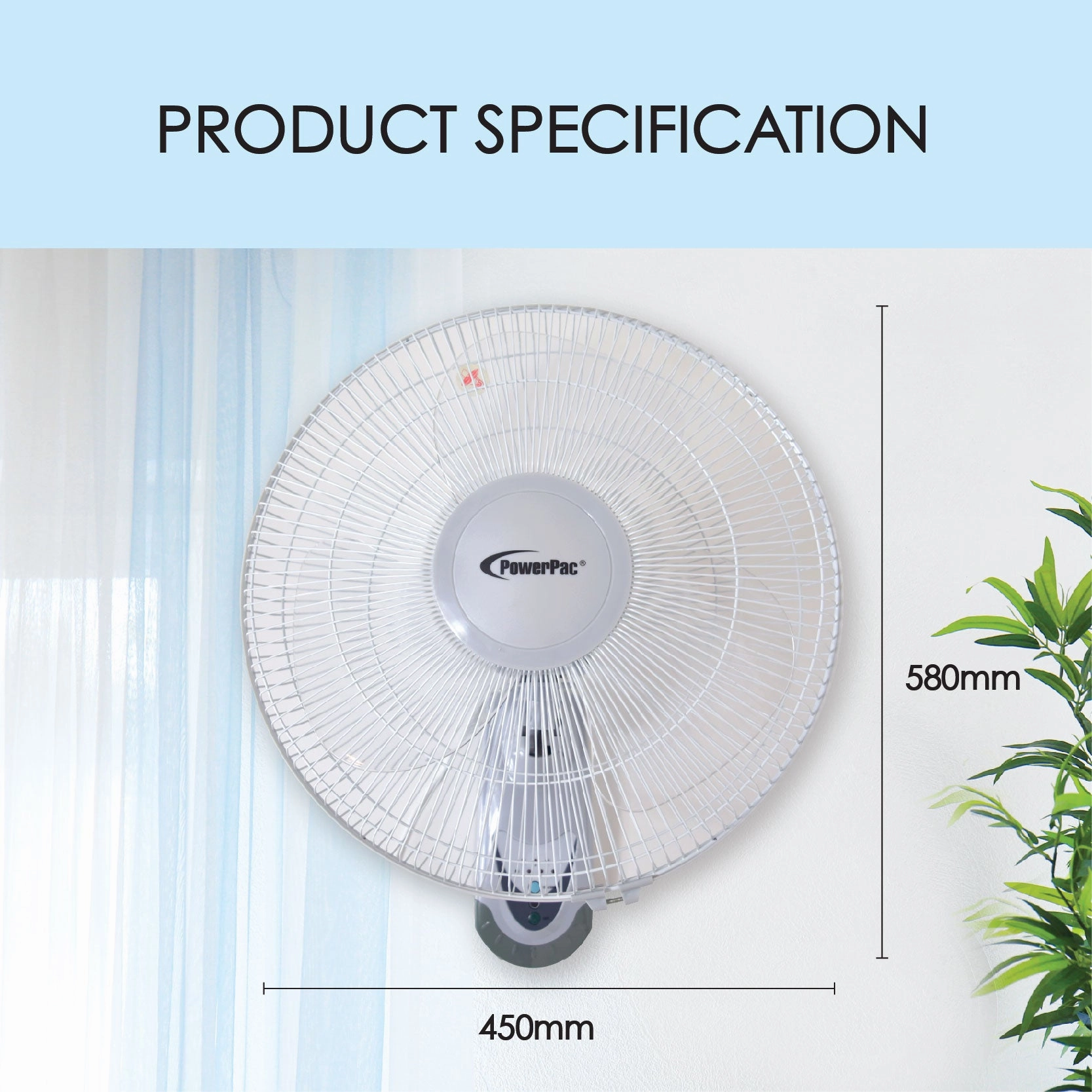 16" Wall Fan  Remote Control, Adjustable Tilt, Wide Oscillation, Safe & Easy Installation, Thermal Protection, 3-Speed, black, PPWF40R