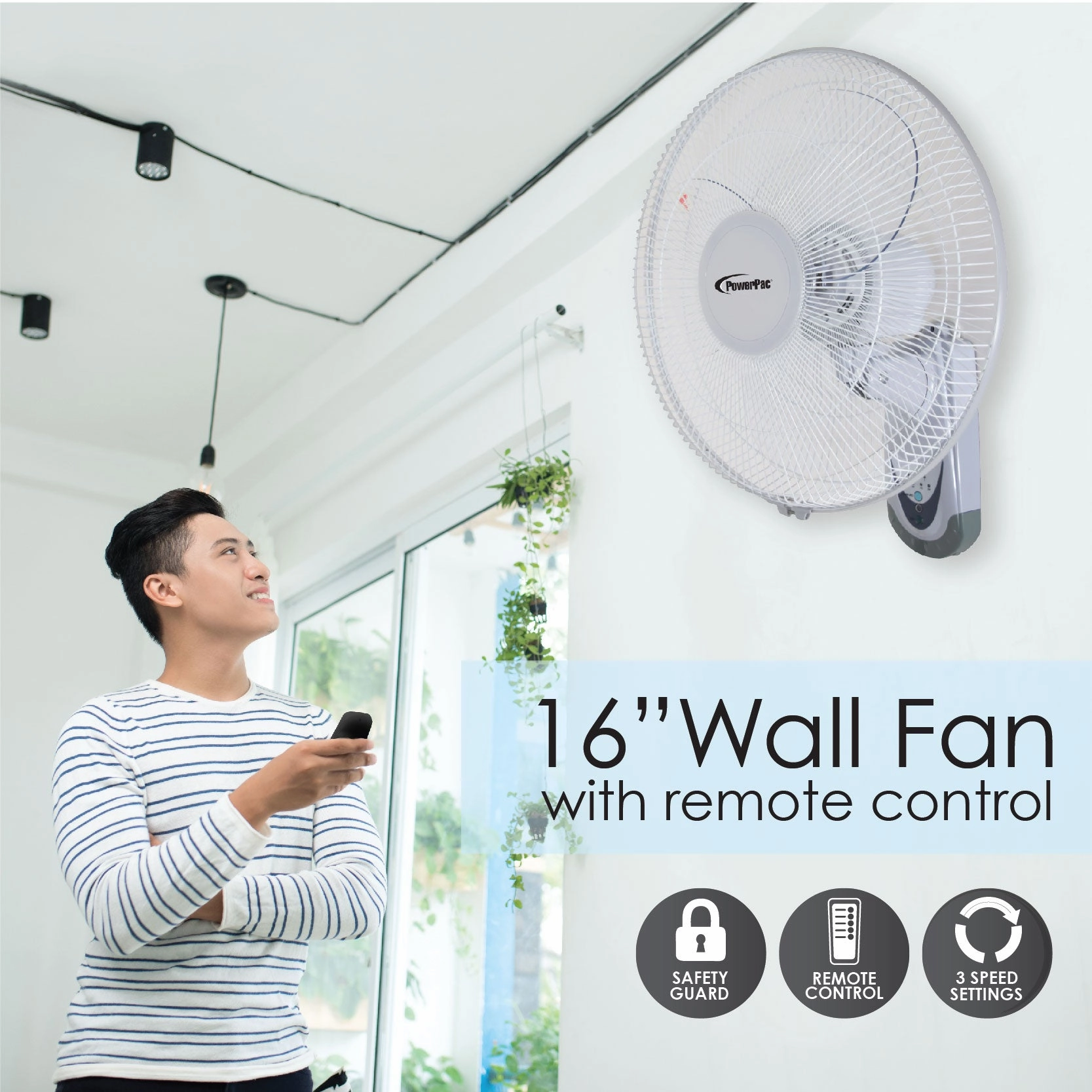 16" Wall Fan  Remote Control, Adjustable Tilt, Wide Oscillation, Safe & Easy Installation, Thermal Protection, 3-Speed, black, PPWF40R