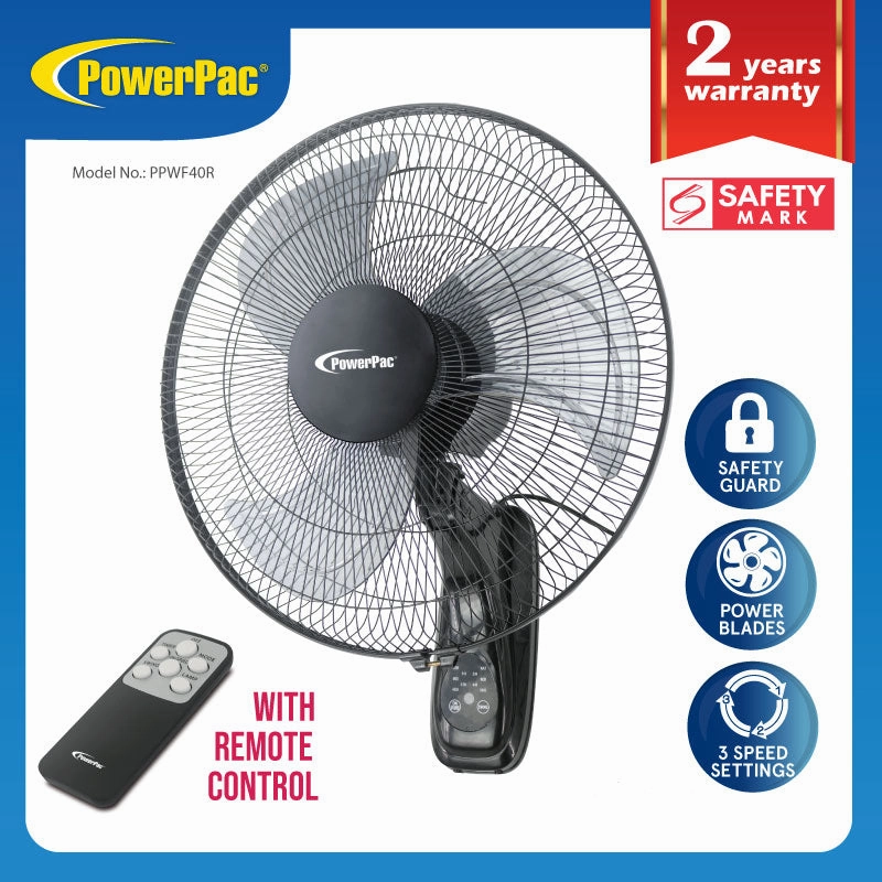 16" Wall Fan  Remote Control, Adjustable Tilt, Wide Oscillation, Safe & Easy Installation, Thermal Protection, 3-Speed, black, PPWF40R