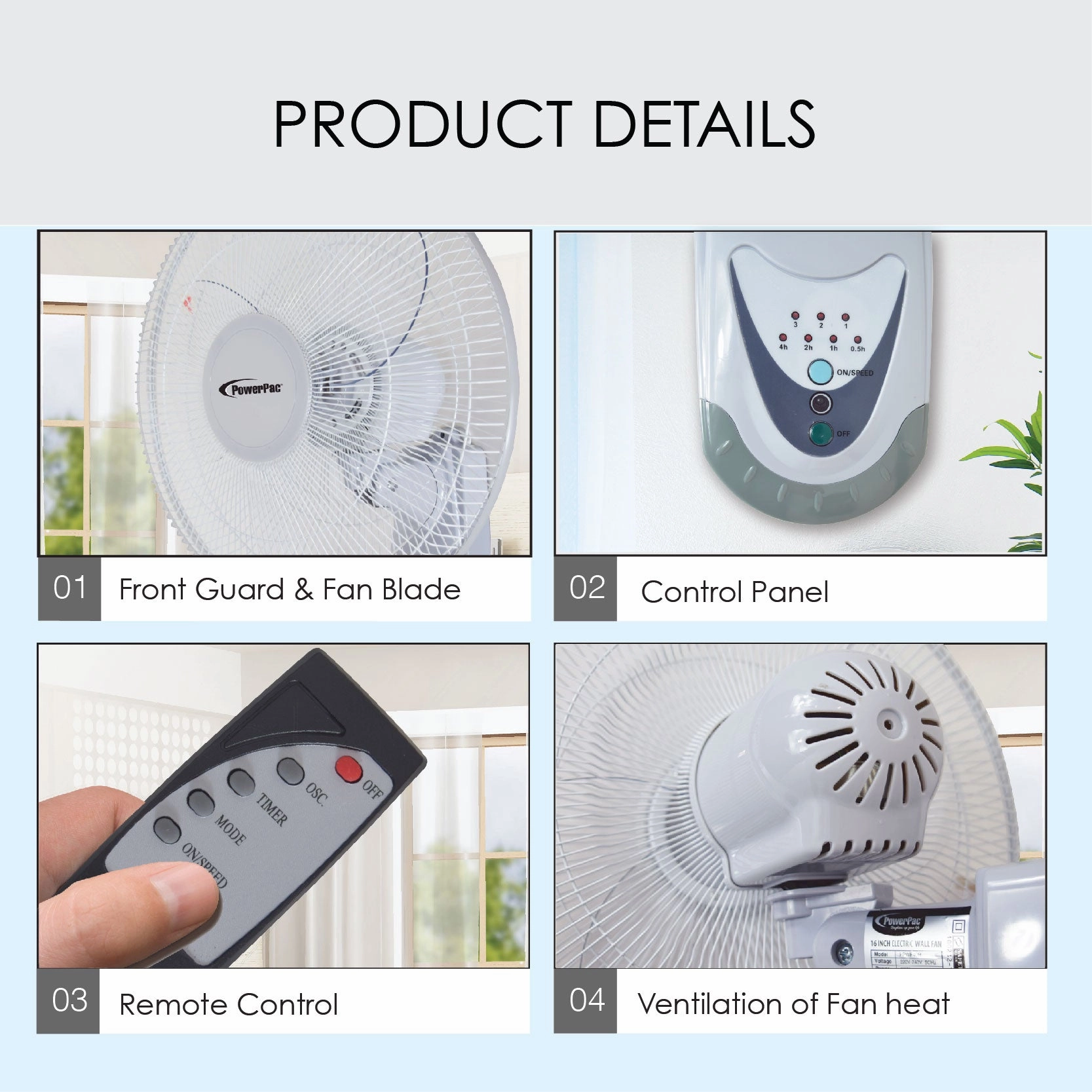 16" Wall Fan  Remote Control, Adjustable Tilt, Wide Oscillation, Safe & Easy Installation, Thermal Protection, 3-Speed, black, PPWF40R
