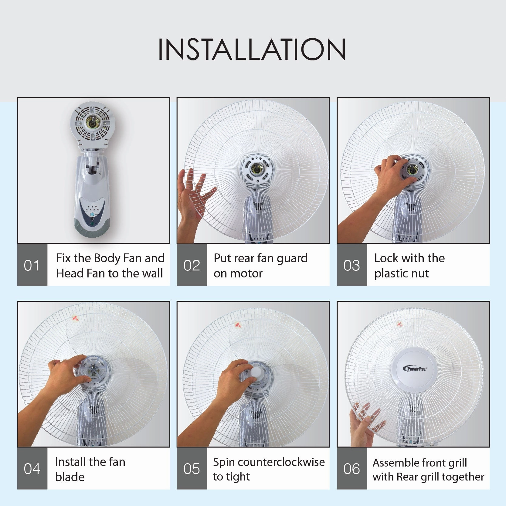 16" Wall Fan  Remote Control, Adjustable Tilt, Wide Oscillation, Safe & Easy Installation, Thermal Protection, 3-Speed, black, PPWF40R