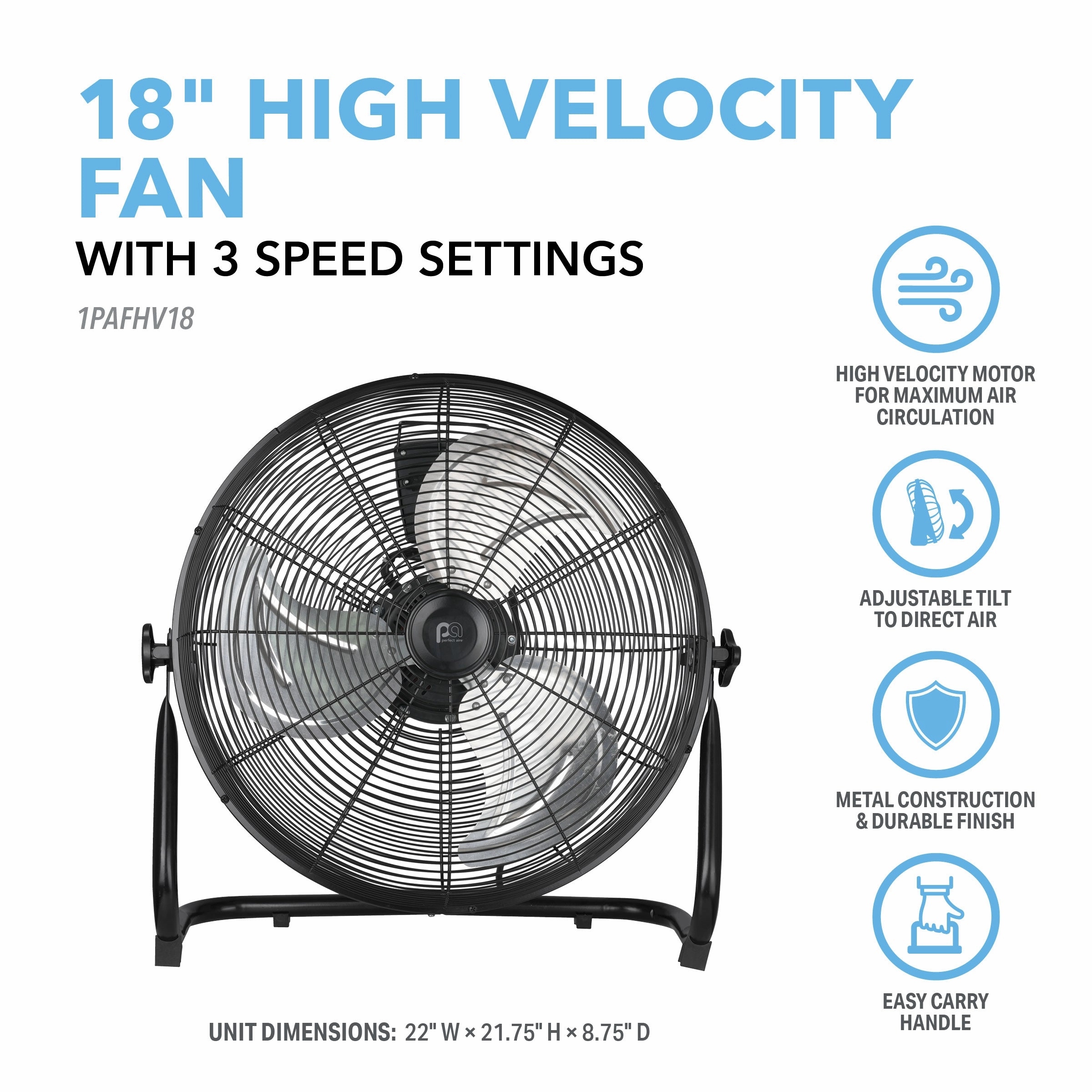 18 High Velocity Fan with Adjustable Tilting Head, 3 Speed Settings