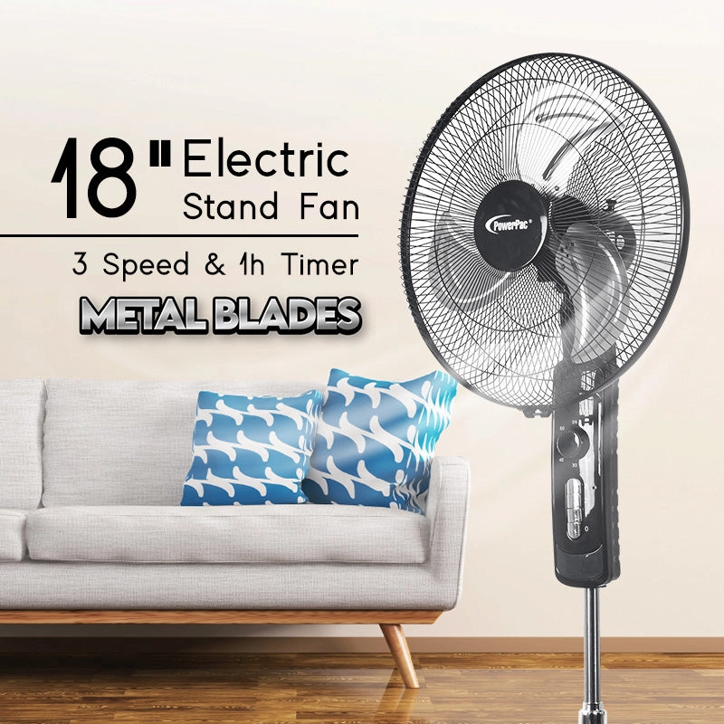 18" Stand Fan  Metal Blades, Adjustable Height, Oscillation, Timer, Powerful Cooling, Energy-efficient, 3-Speed, black, PPFS818