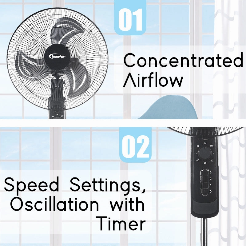 18" Stand Fan  Metal Blades, Adjustable Height, Oscillation, Timer, Powerful Cooling, Energy-efficient, 3-Speed, black, PPFS818
