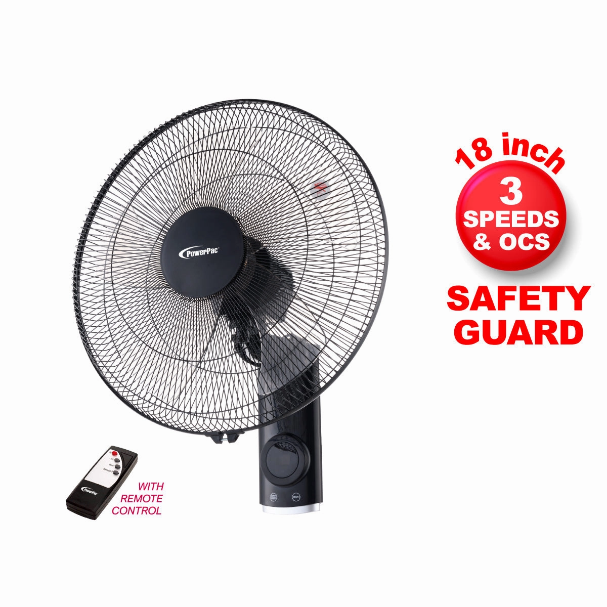 18" Wall Fan with Oscillation & Remote Control  Powerful, Oscillation, Adjustable louver, Overheat Protection, PPWF98R