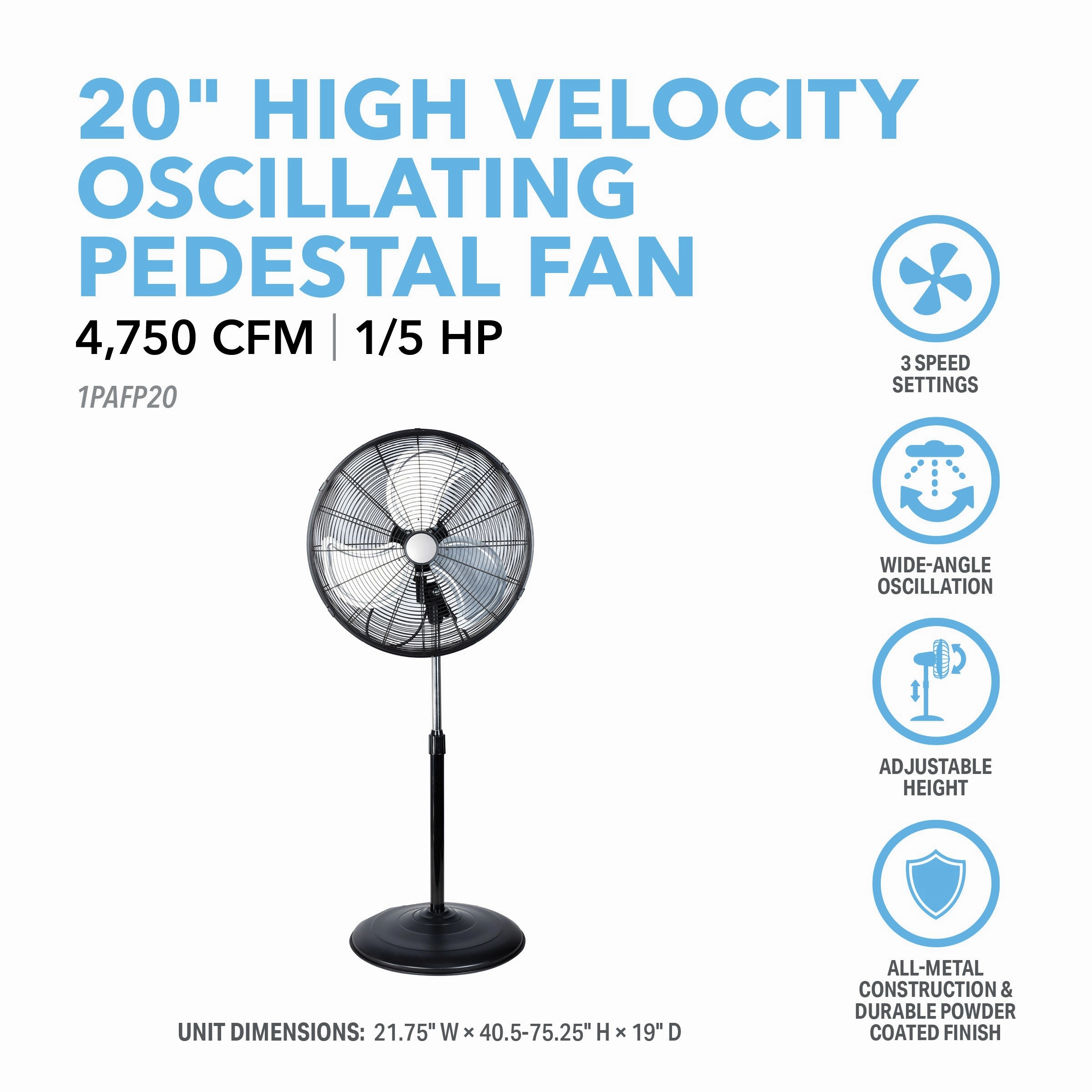 20 High-Velocity Oscillating Pedestal Fan with Industrial-Grade Aluminum Blades