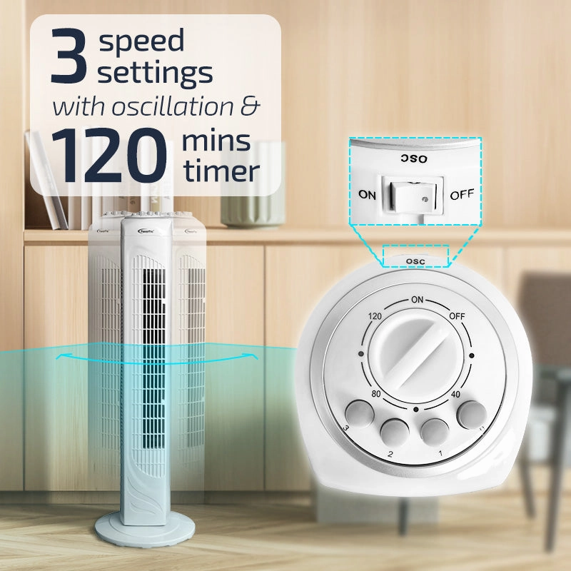 29" Tower Fan  Oscillation, Timer, Portable, Energy-efficient, Thermal protection, 3-Speed, white, PPTF290
