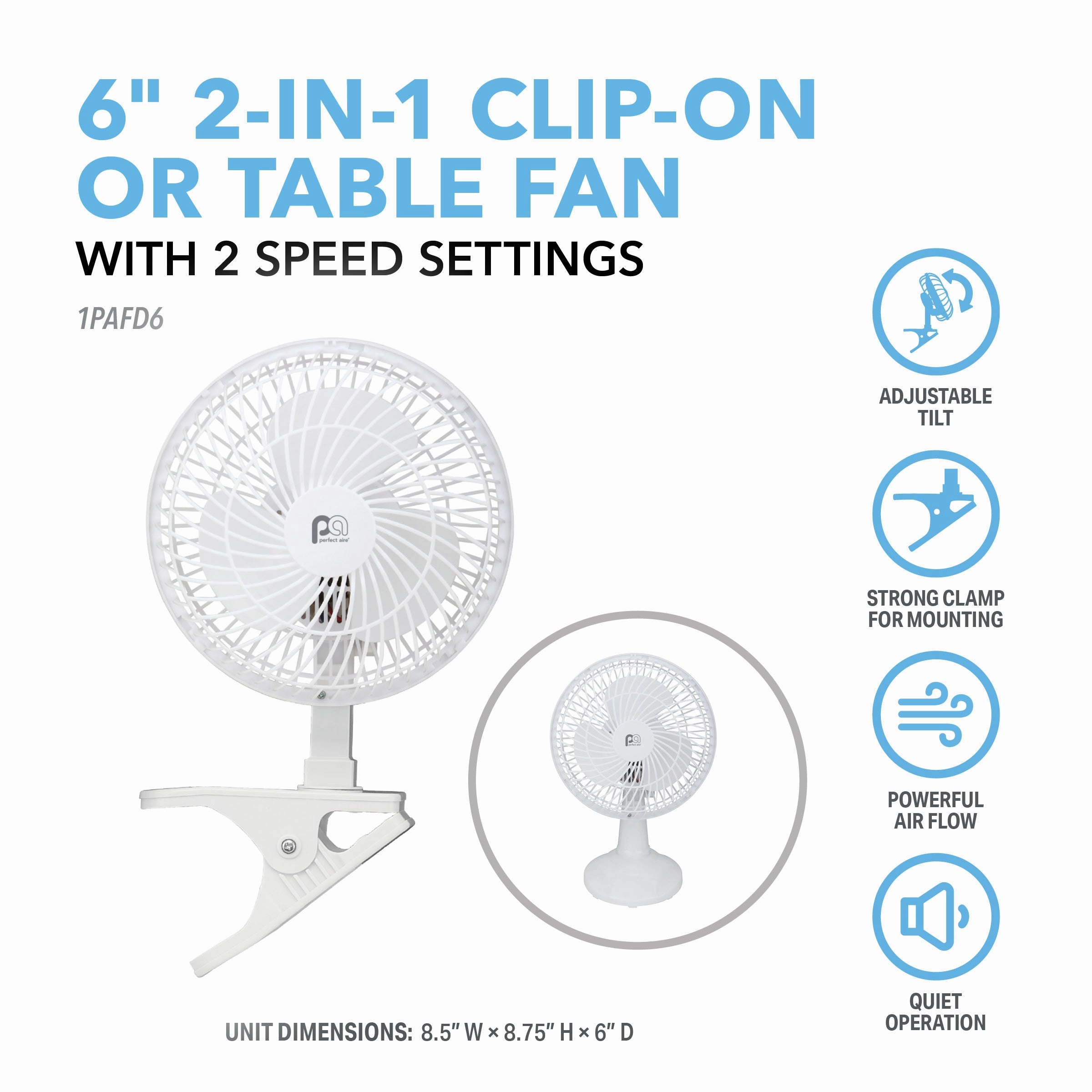 2-in-1 6" Clip-On Fan with Table Top Adapter and Fully Adjustable Fan Head