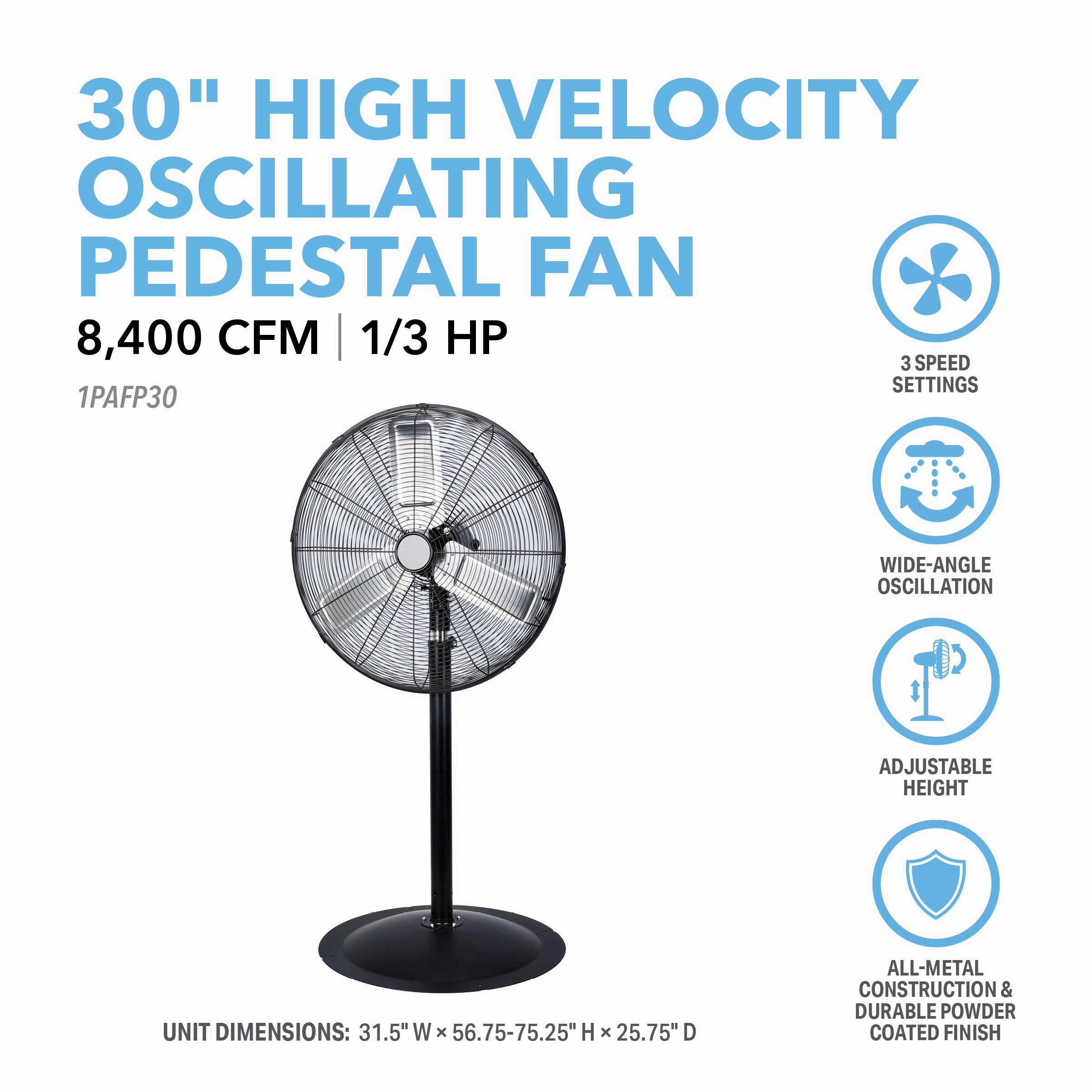 30 High-Velocity Oscillating Pedestal Fan with Industrial-Grade Aluminum Blades