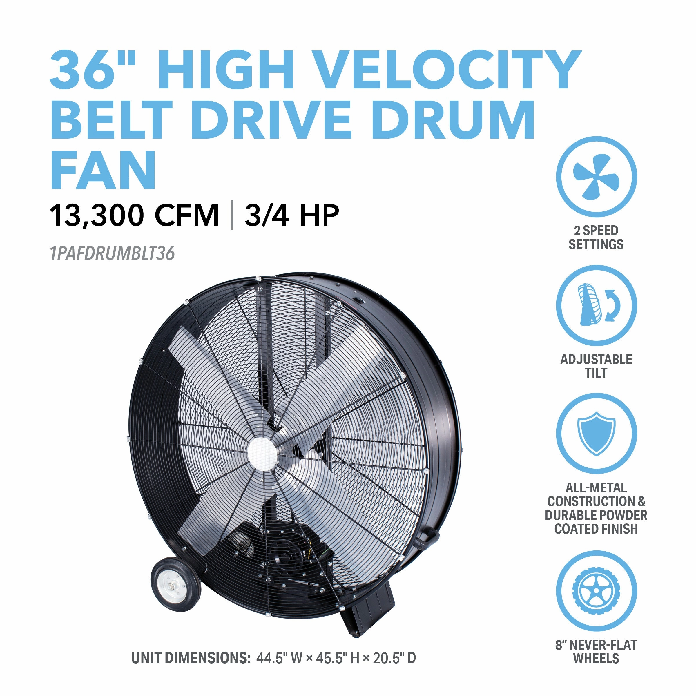 36 High-Velocity Belt Drive Drum Fan with Industrial-Grade Aluminum Blades, All-Metal Construction, 8 Wheels