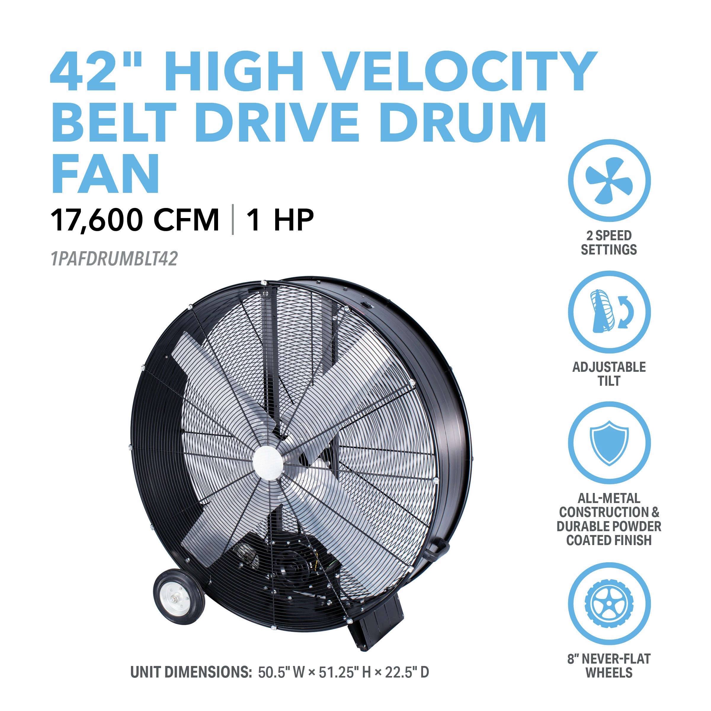 42 High-Velocity Belt Drive Drum Fan with Industrial-Grade Aluminum Blades,  All-Metal Construction, 8 Wheels