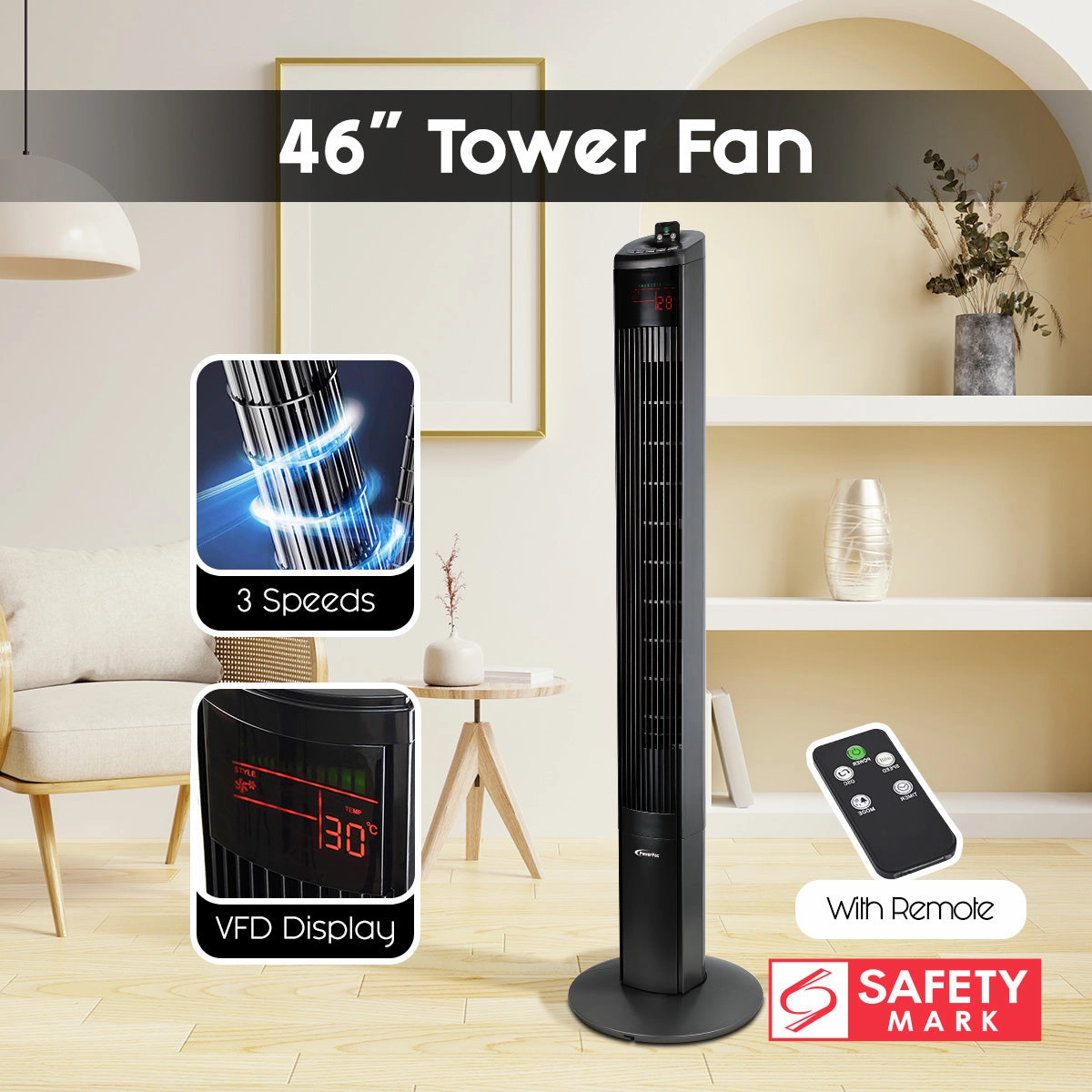 46" Tower Fan  Remote Control, Oscillation, Timer, 3 Modes, Digital display, Portable, Energy-efficient, 3-Speed, grey, PPTF460