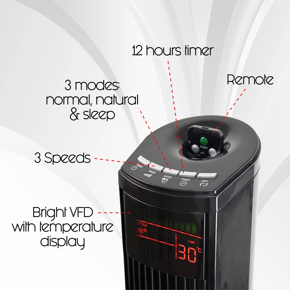 46" Tower Fan  Remote Control, Oscillation, Timer, 3 Modes, Digital display, Portable, Energy-efficient, 3-Speed, grey, PPTF460
