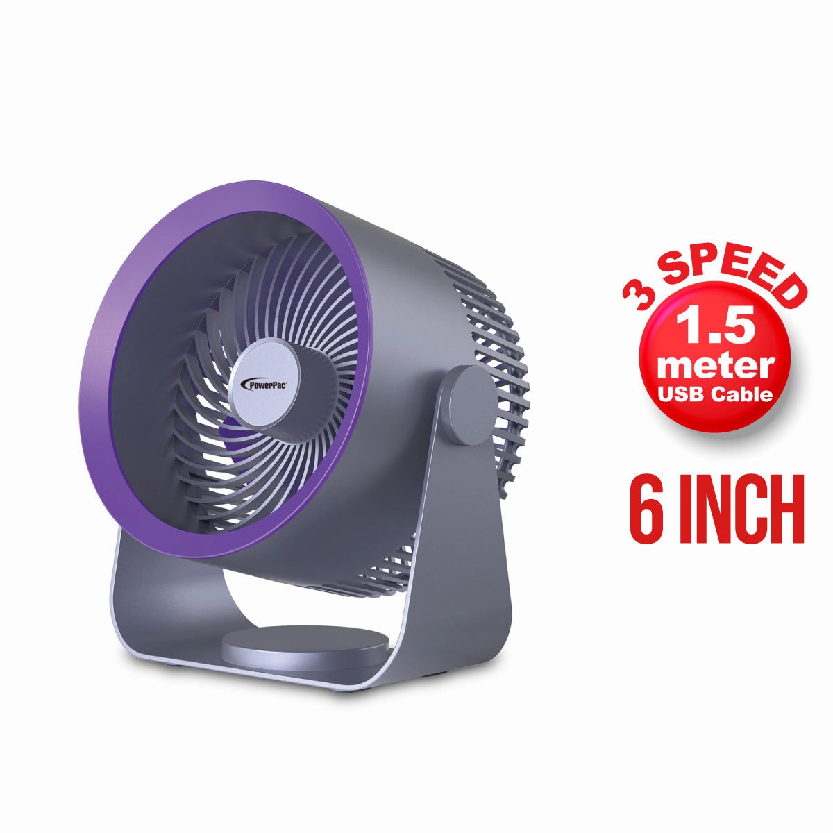 6" USB Table & Wall Fan  Powerful Air Circulator, Wall-Mountable Base, 90 Vertical Adjustable Tilt, Energy-Saving, 3-Speed, grey, PPUF224