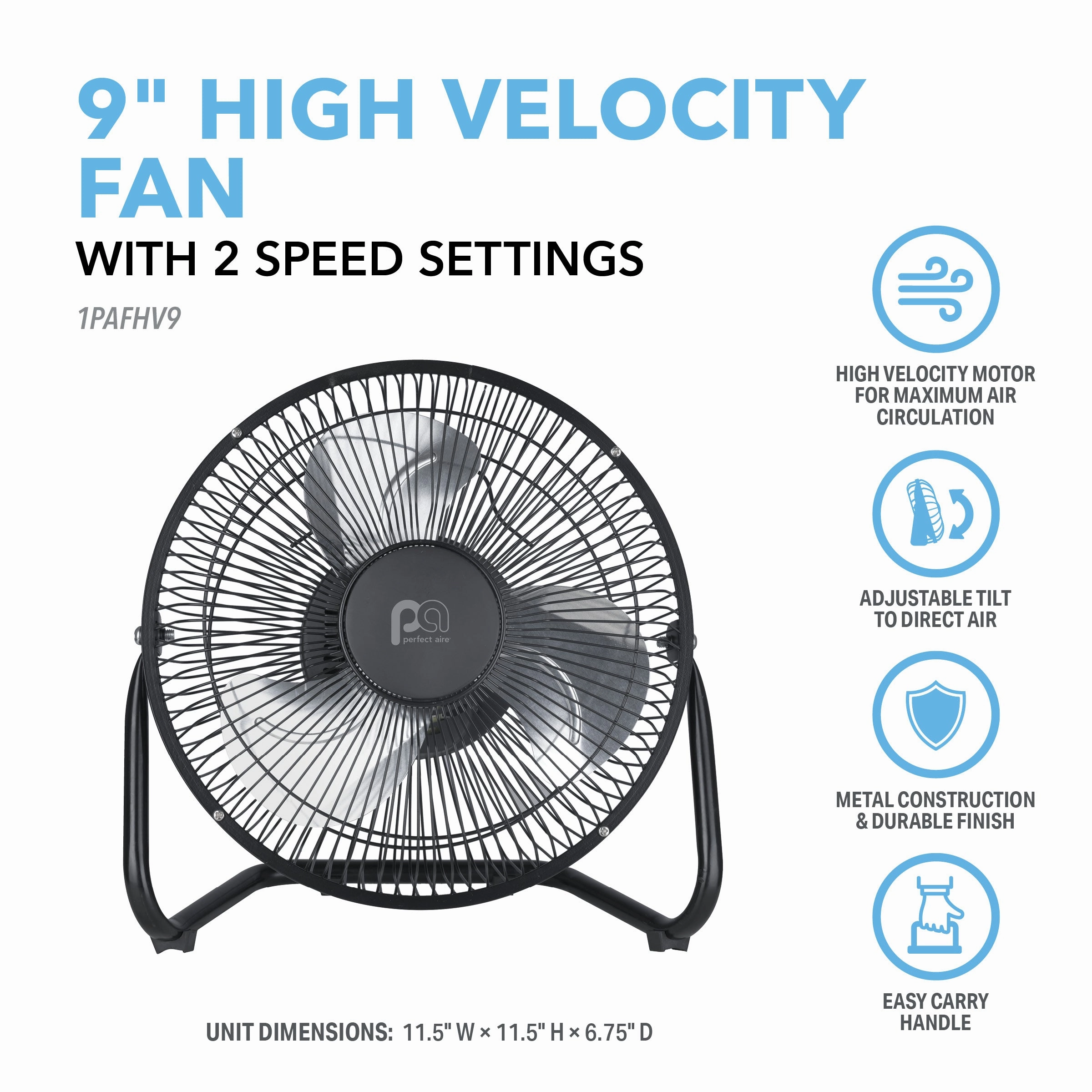 9 High Velocity Fan with Adjustable Tilting Head, 3 Speed Settings