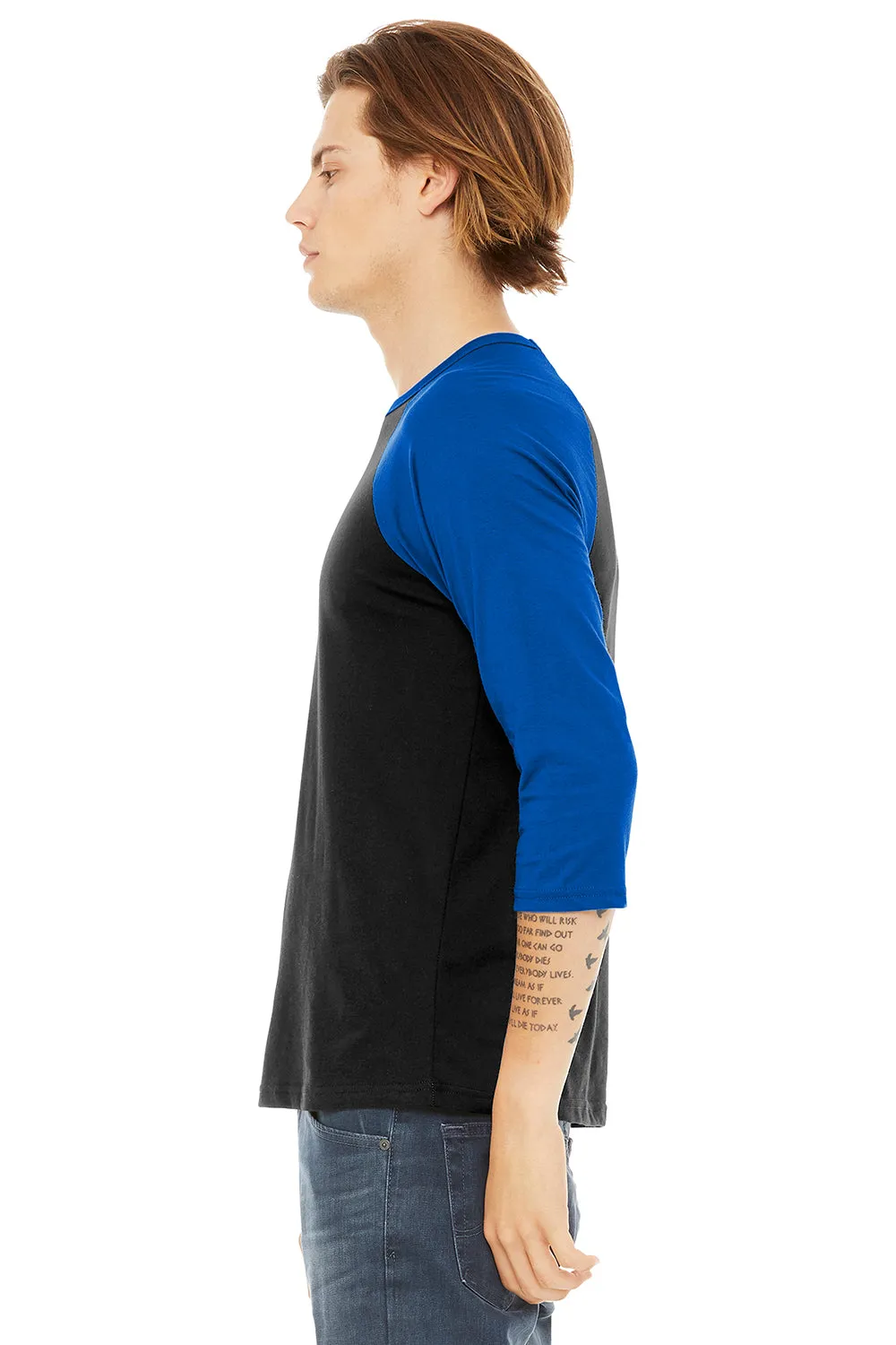 Bella   Canvas Mens 3/4 Sleeve Crewneck T-Shirt - Black/Royal Blue - Closeout