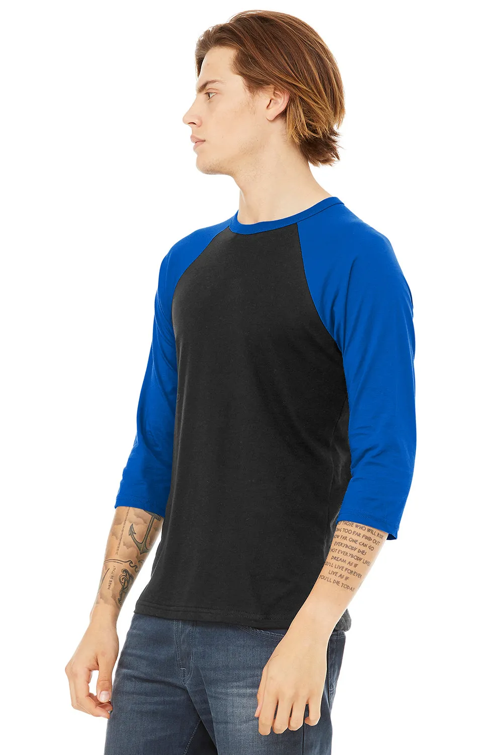 Bella   Canvas Mens 3/4 Sleeve Crewneck T-Shirt - Black/Royal Blue - Closeout