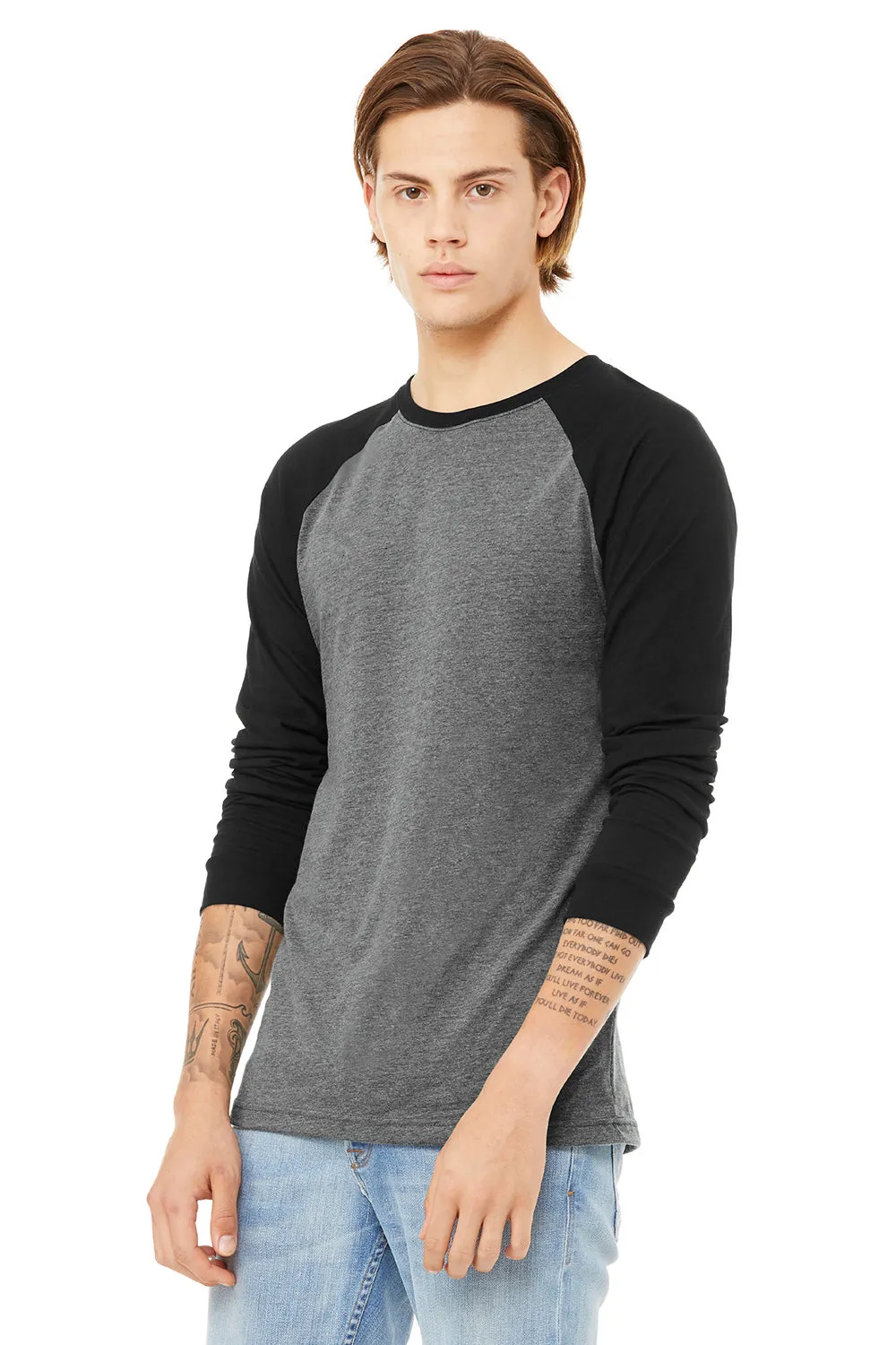 Bella   Canvas Mens Jersey Long Sleeve Crewneck T-Shirt - Heather Deep Grey/Black