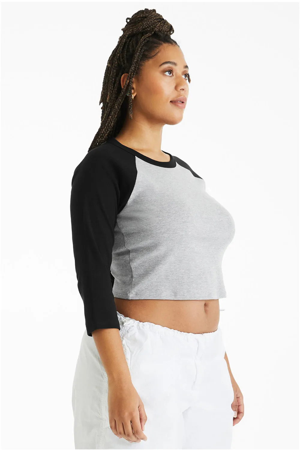 Bella   Canvas Womens Micro Ribbed Raglan 3/4 Sleeve Crewneck Baby T-Shirt - Heather Grey/Black