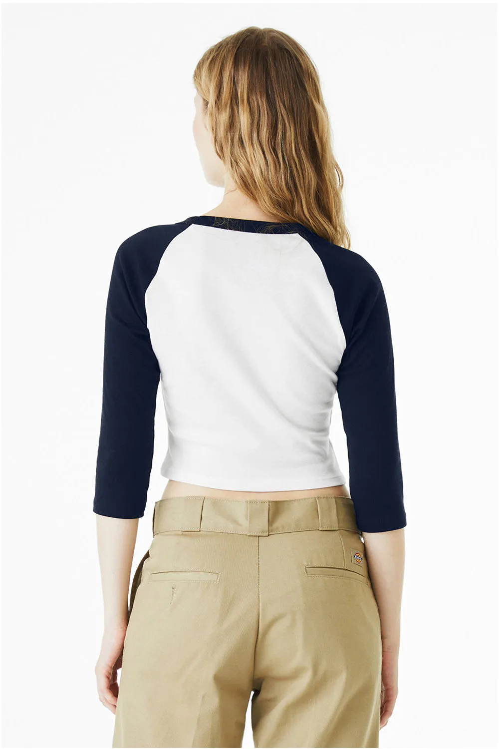 Bella   Canvas Womens Micro Ribbed Raglan 3/4 Sleeve Crewneck Baby T-Shirt - White/Navy Blue