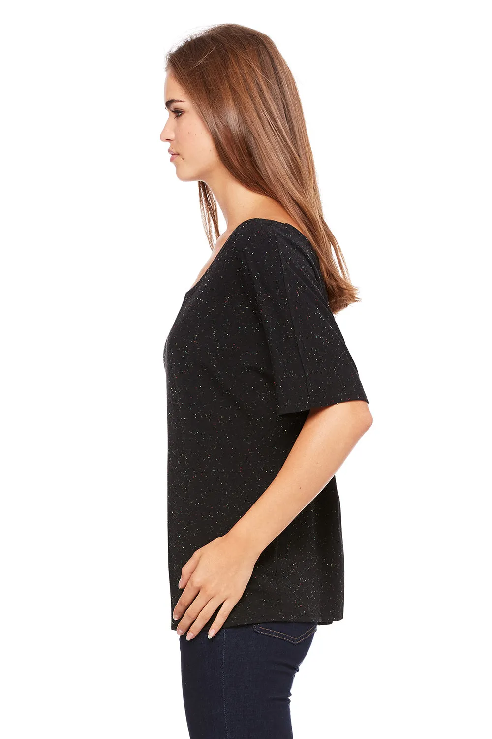 Bella   Canvas Womens Slouchy Short Sleeve Wide Neck T-Shirt - Black Speckled