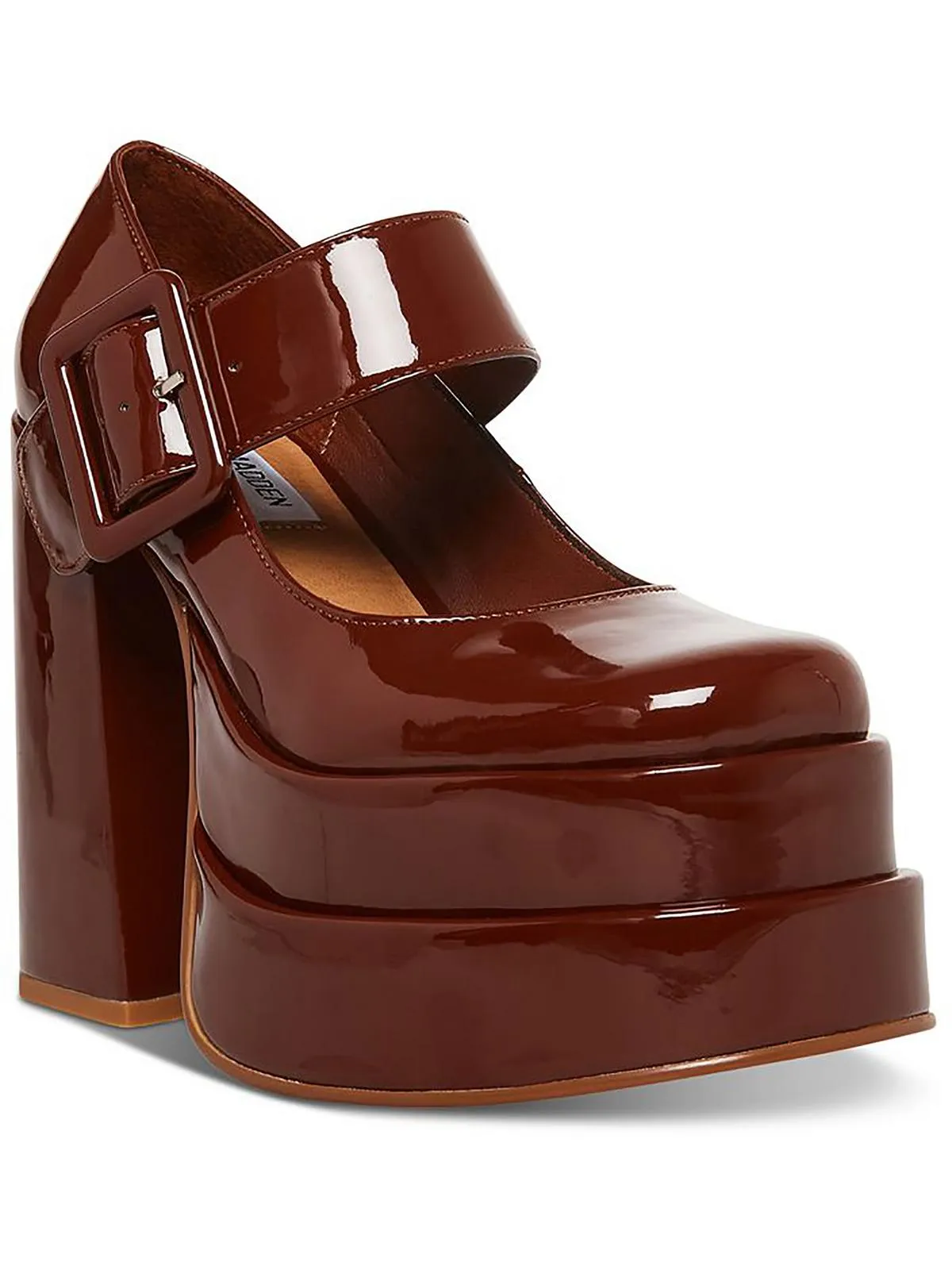 Carly Womens Patent Stacked Heel Mary Jane Heels