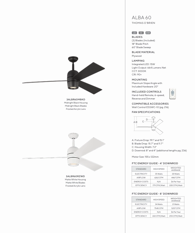 Craftmade Alba 60" DC Ceiling Fan with 15W LED and Remote