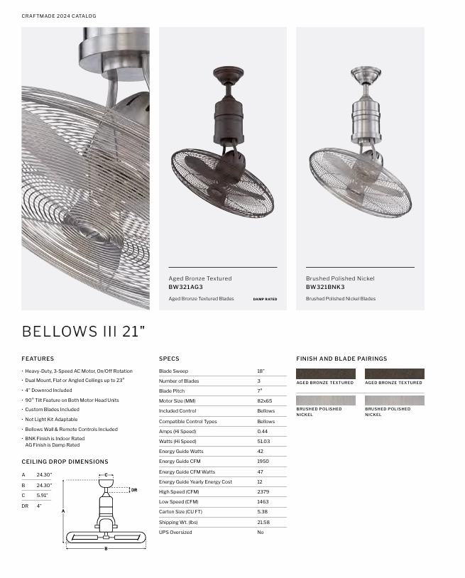 Craftmade Bellows III 21" Rotating Ceiling Fan with Wall Control and Remote