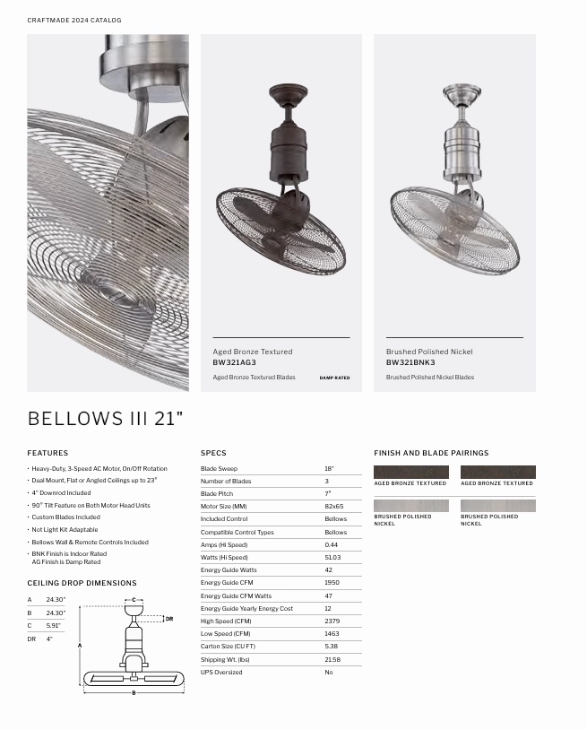 Craftmade Bellows III 21" Rotating Ceiling Fan with Wall Control and Remote