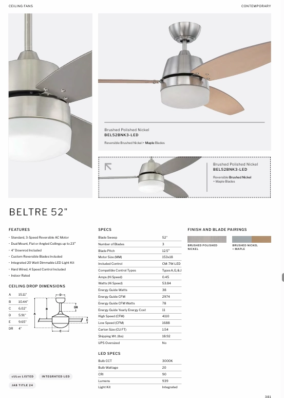 Craftmade Beltre 52" Ceiling Fan with 20W LED in Brushed Polished Nickel