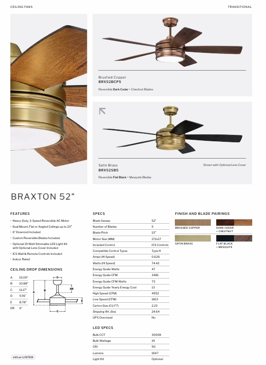 Craftmade Braxton 52" Ceiling Fan with 19W LED and Remote Control in Copper