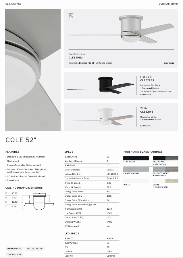 Craftmade Cole Indoor/Outdoor Flushmount Ceiling Fan with Wall and Remote Control