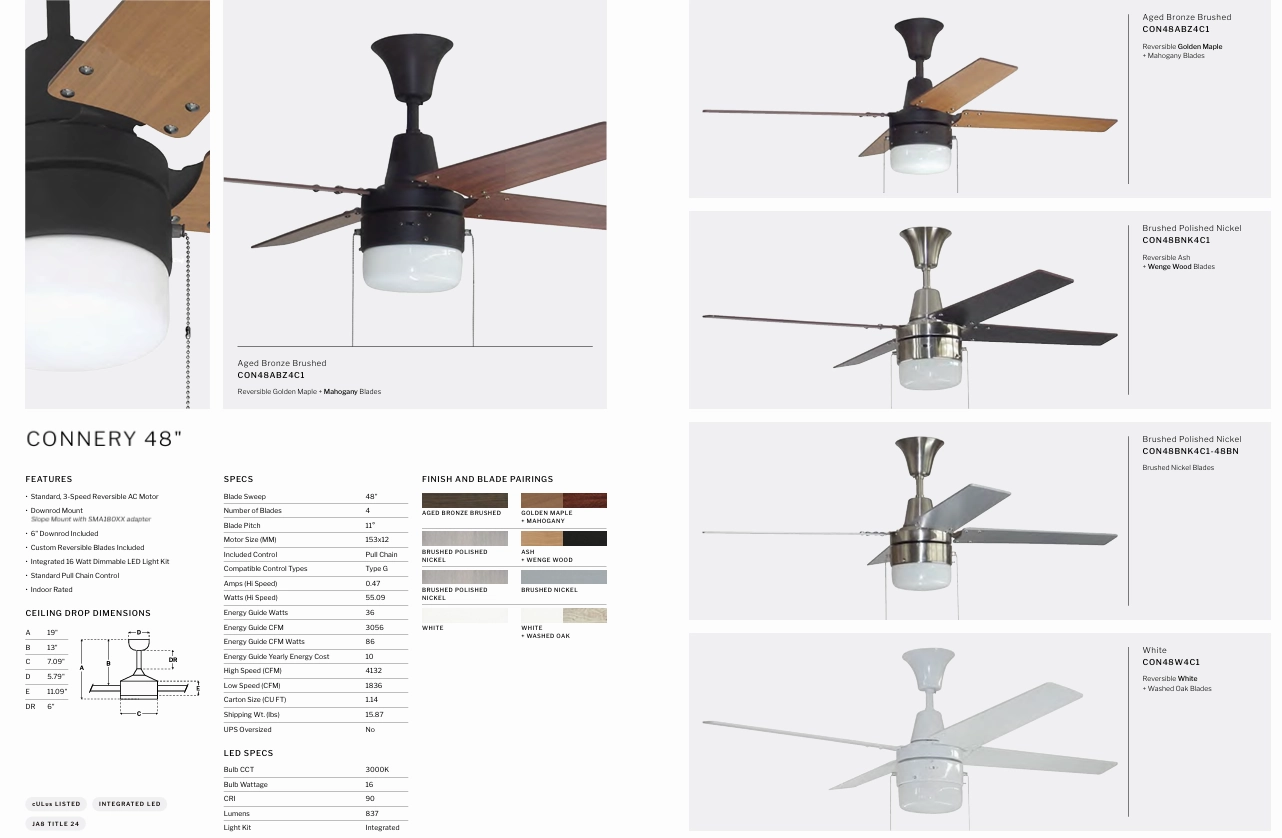 Craftmade Connery 48" Pull Chain Ceiling Fan with 16W Dimmable LED Light