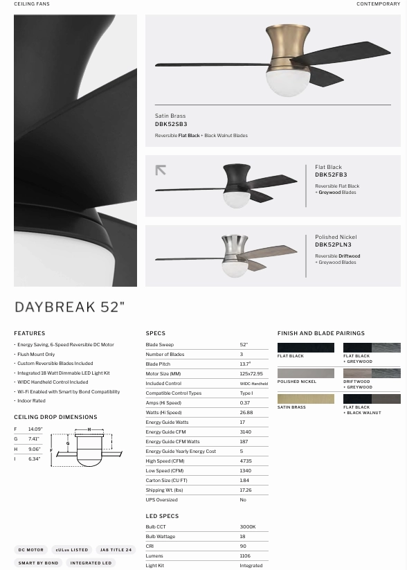 Craftmade Daybreak 52"  Smart Flushmount DC Ceiling Fan with 18W LED and Remote