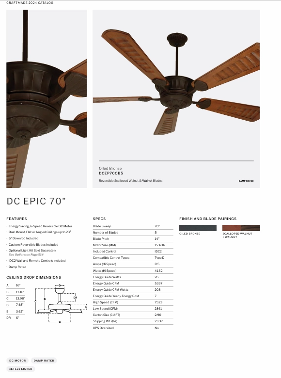Craftmade DC Epic 70" Indoor/Outdoor DC Ceiling Fan with Remote Control in Oiled Bronze