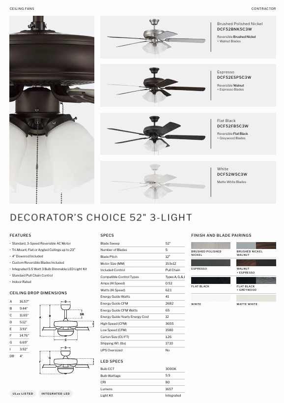 Craftmade Decorator's Choice 52" Pull Chain Ceiling Fan with 3 Light Dimmable LED