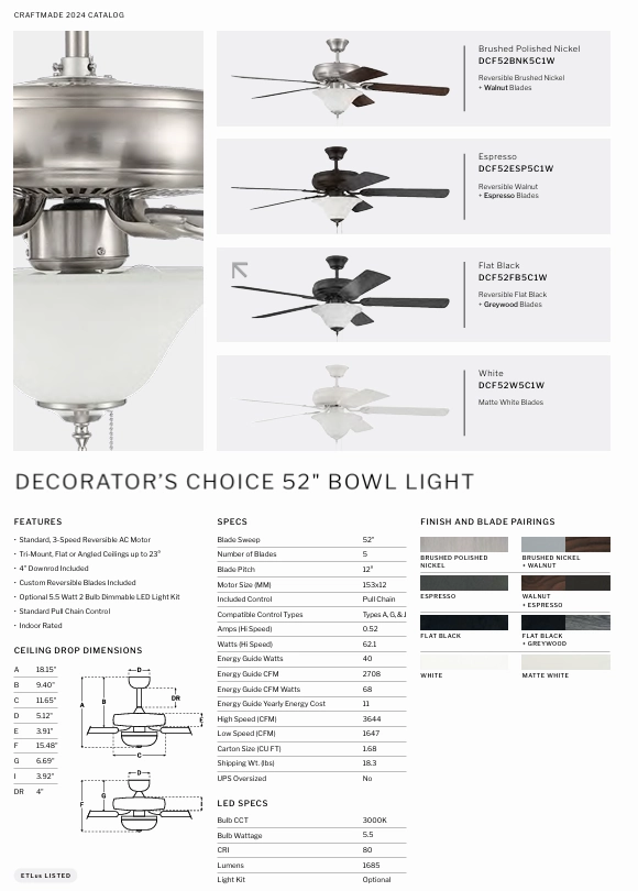 Craftmade Decorator's Choice 52" Pull Chain Ceiling Fan with Dimmable LED Light